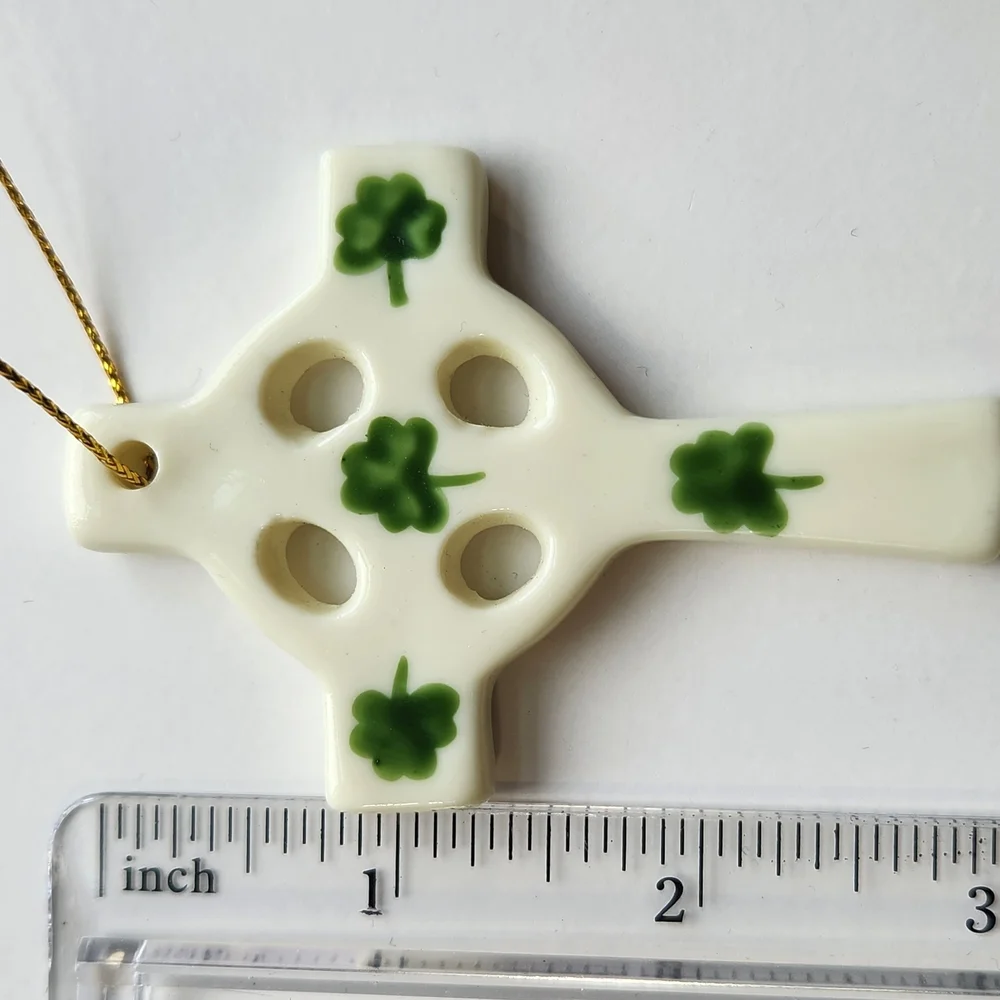White and Green Ceramic Cross Ornament
